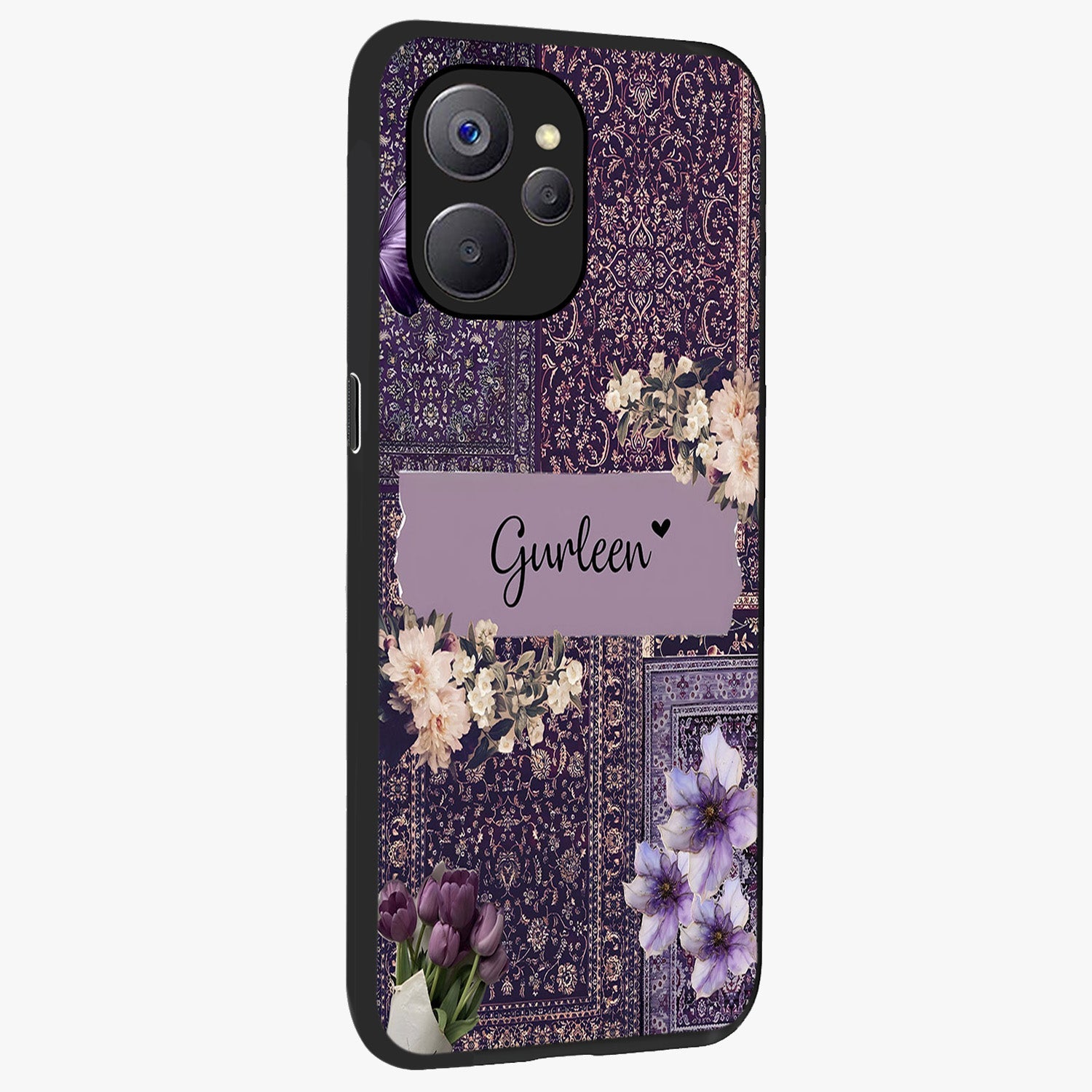 Antique Floral Whisper Custom Name Glass Case upright view showcasing delicate floral artwork with custom name feature.