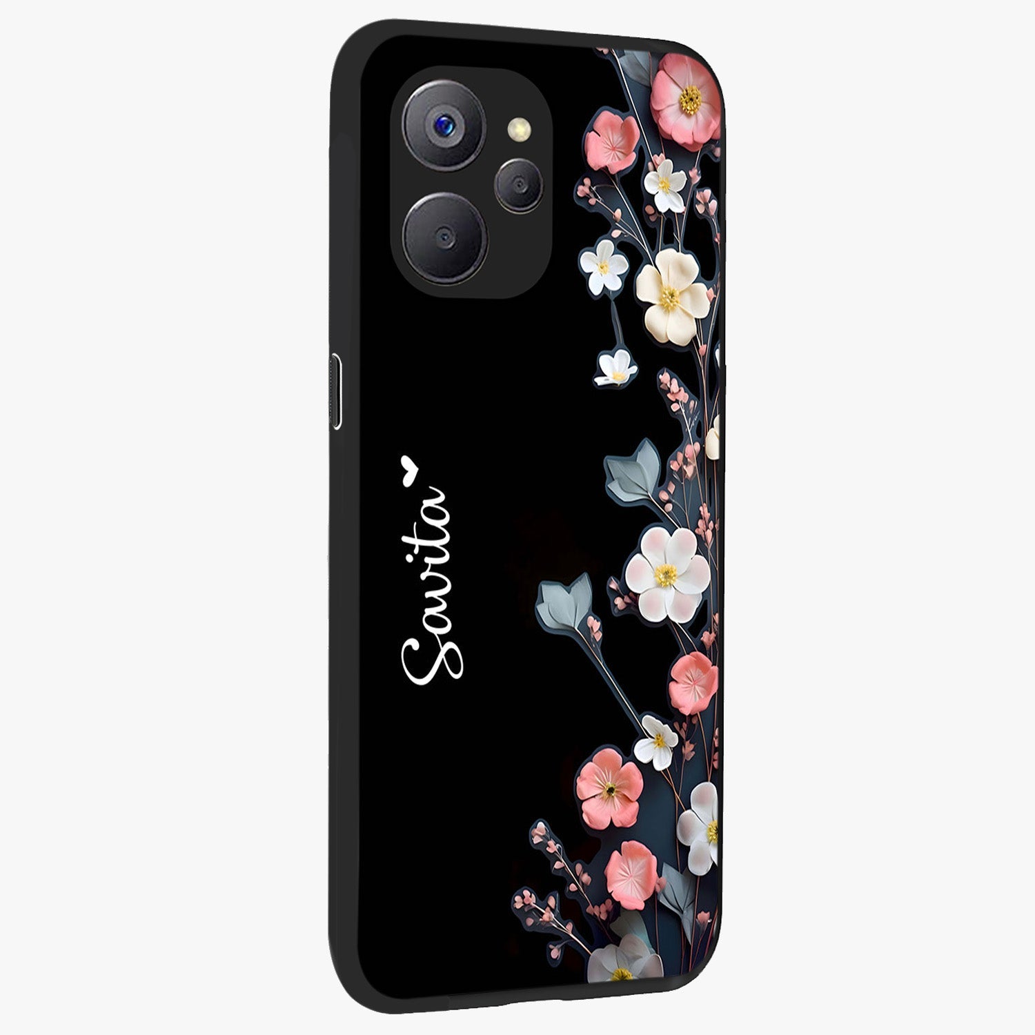 Black Elegance Floral Custom Name Glass Case upright view showcasing luxurious black floral design with personalized name detail.