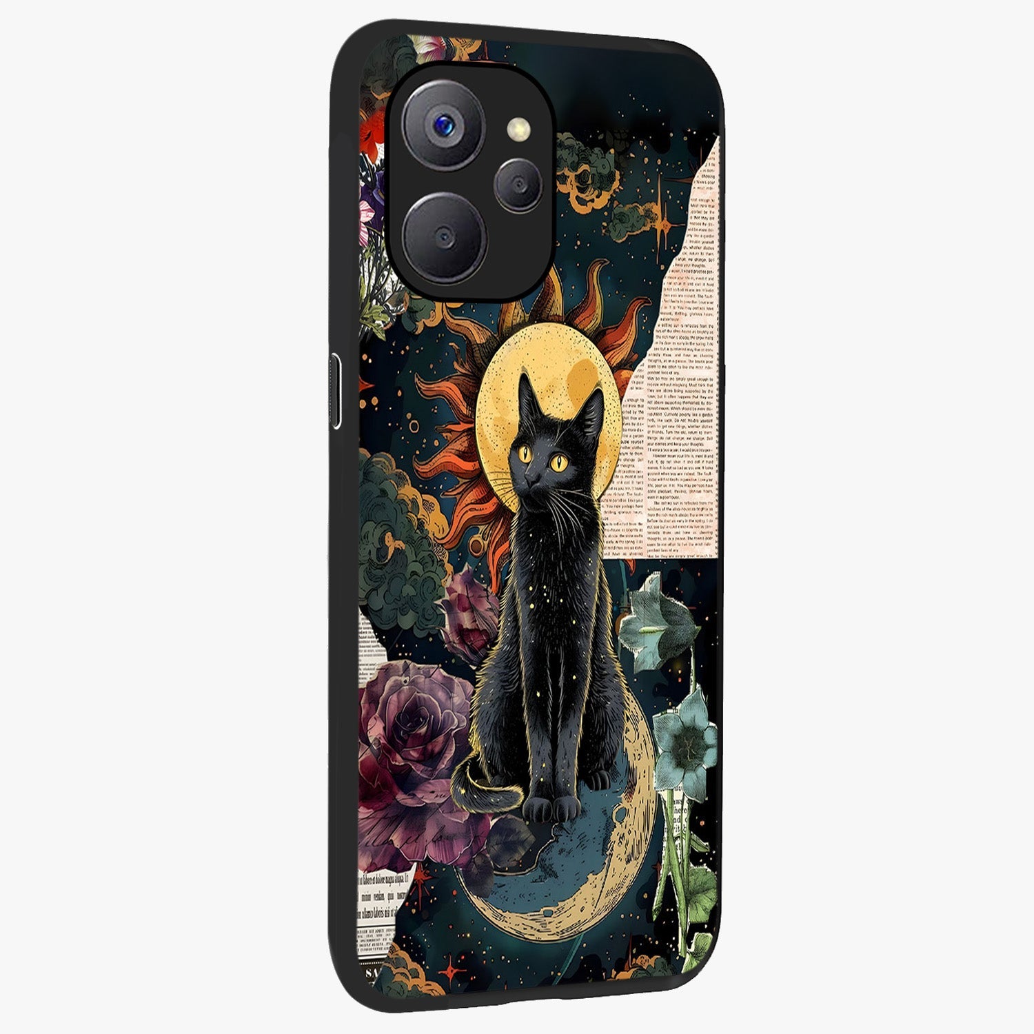 Celestial Black Cat Glass Case upright view showcasing magical black cat illustration with starry cosmic theme.
