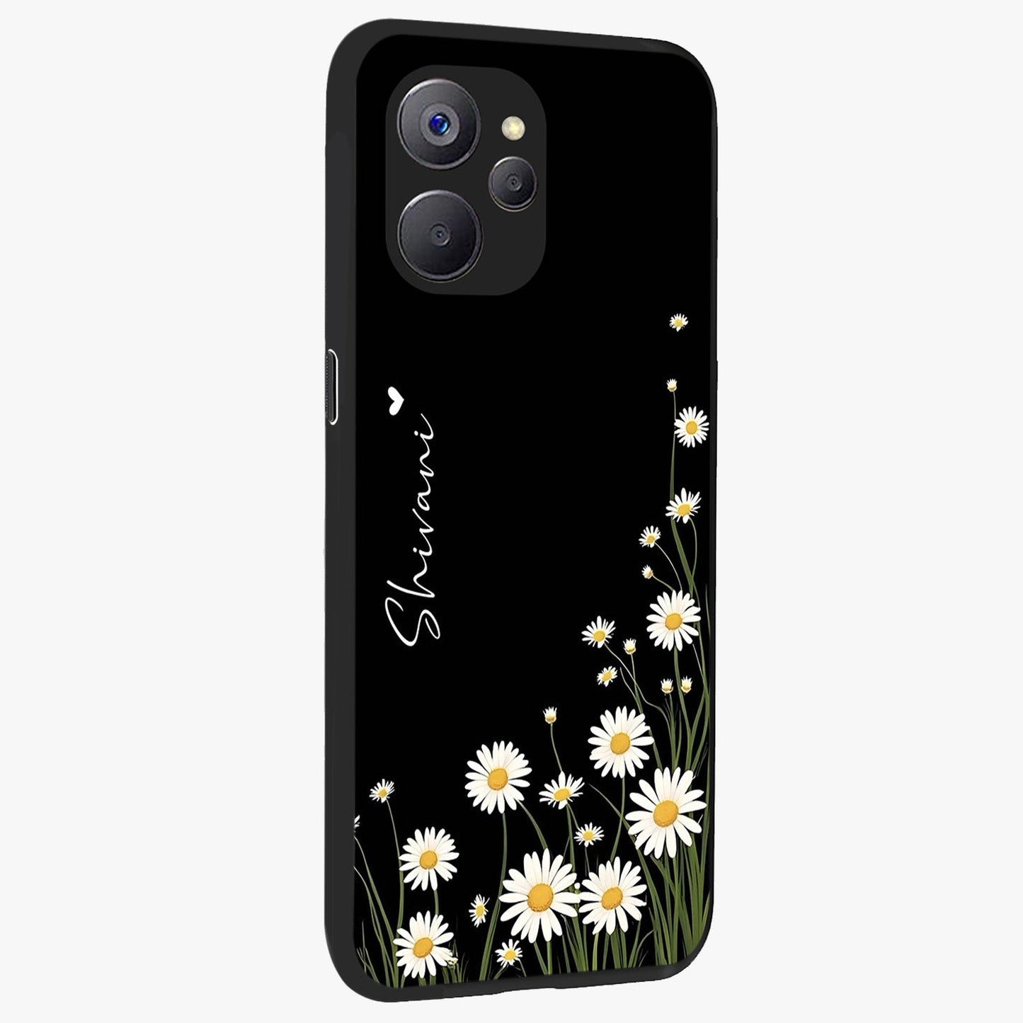 Daisy Cascade Custom Name Glass Case upright view showcasing elegant floral cascade design with personalized aesthetic.