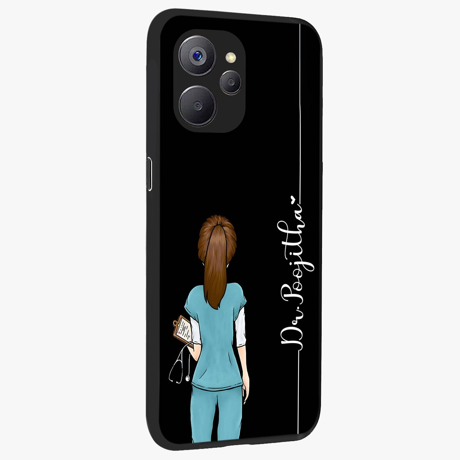 Doctor Pattern Custom Name Glass Case upright view showcasing healthcare themed design with personalized aesthetic.
