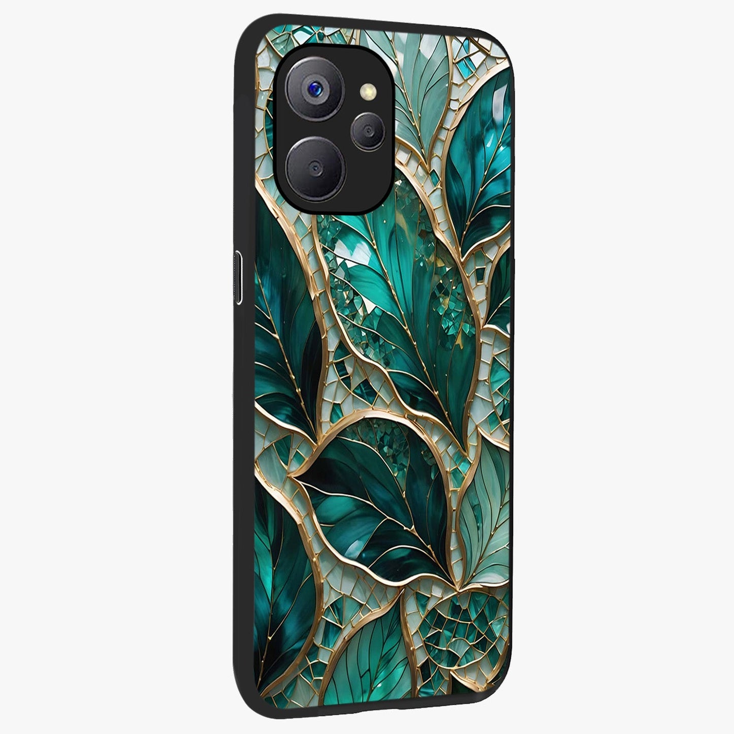 Emerald Leaf Glass Glass Case upright view showcasing fresh green leaf artwork with calming nature inspired style.