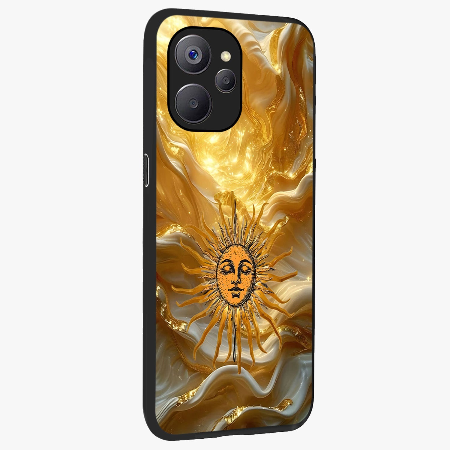 Eternal Golden Glow Glass Case upright view showcasing luminous golden artwork with luxurious visual theme.