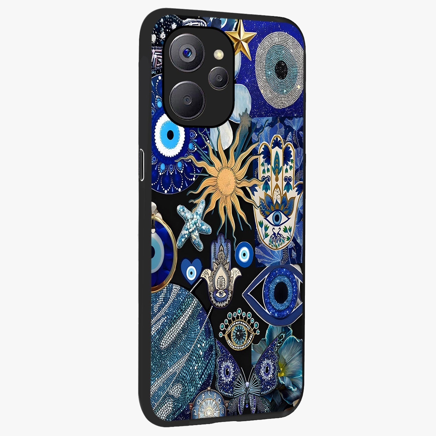 Evil Eye Charm Mix Glass Case upright view showcasing mystical evil eye pattern with vibrant decorative style.