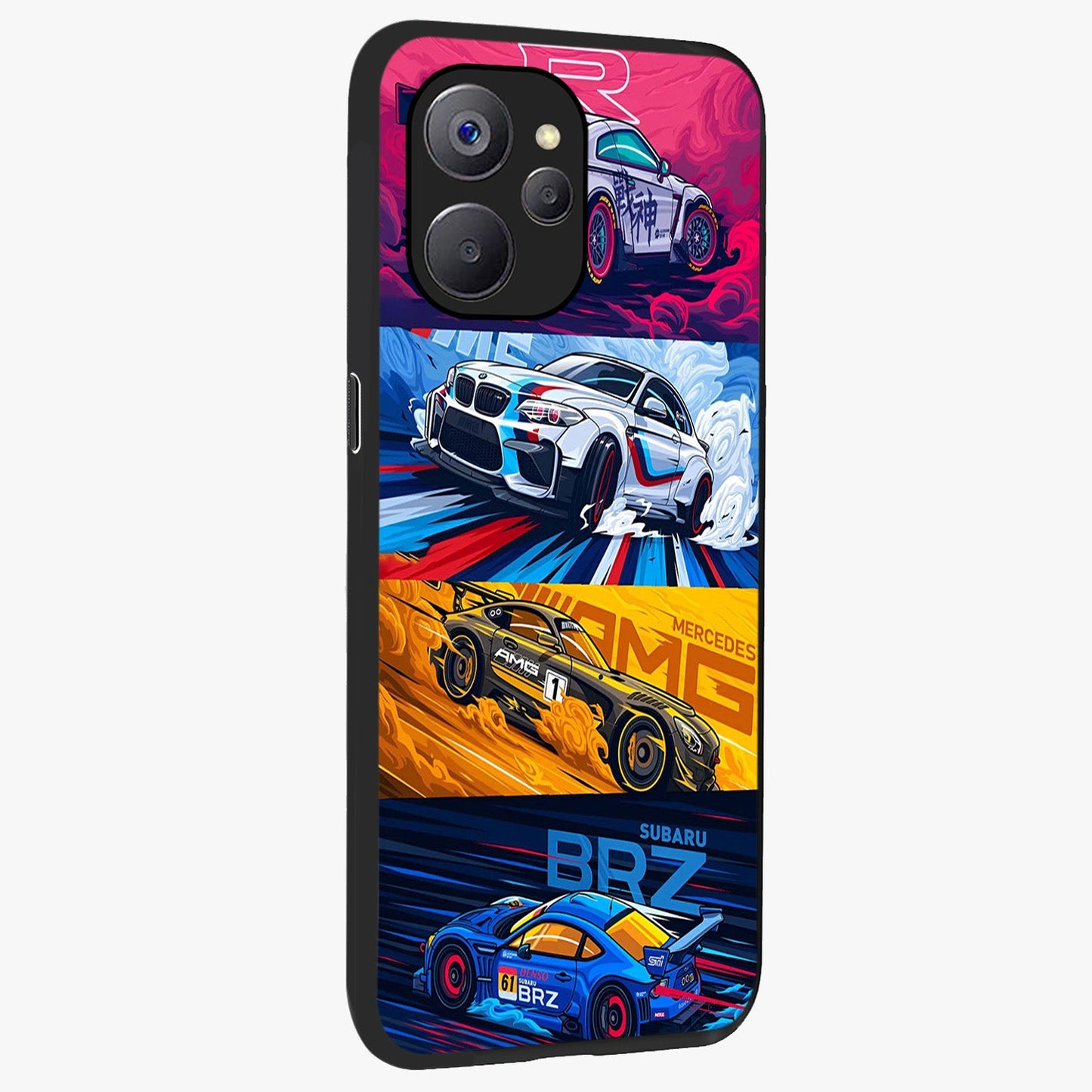 JDM Sports Car Glass Case upright view showcasing dynamic sports car artwork with bold racing theme.