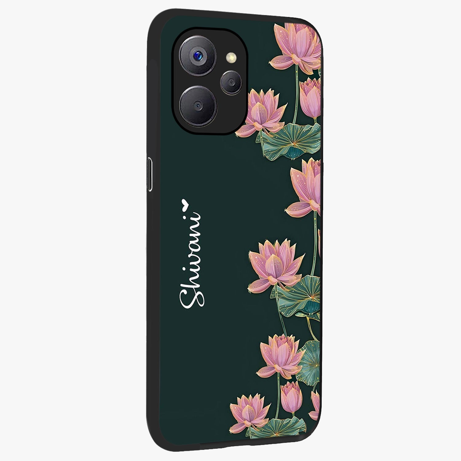Lotus Bloom Serenity Custom Name Glass Case upright view showcasing serene lotus bloom artwork with personalized floral aesthetic.