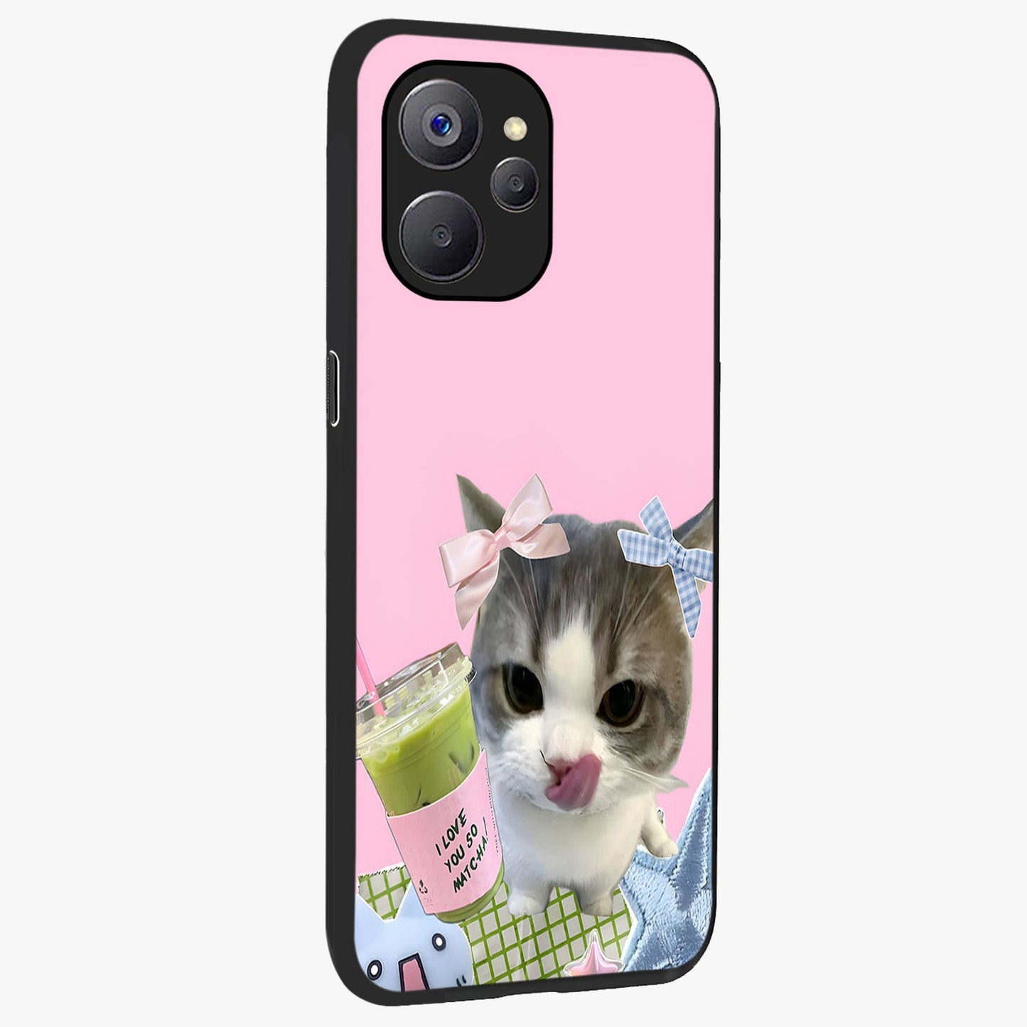 Love Matcha Cat Glass Case upright view showcasing adorable cat artwork with charming matcha themed design.