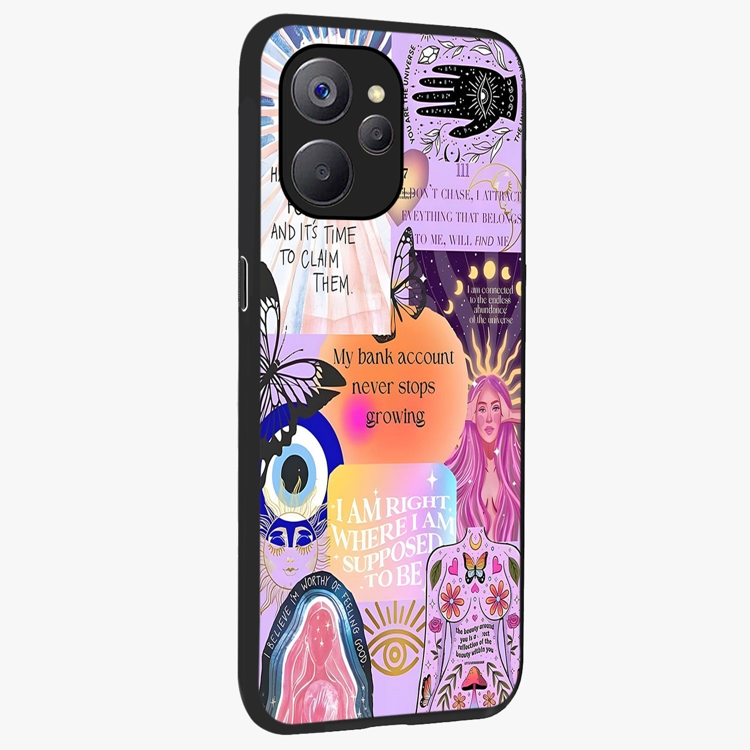Manifestation Collage Glass Case upright view showcasing artistic manifestation themed artwork with creative style.