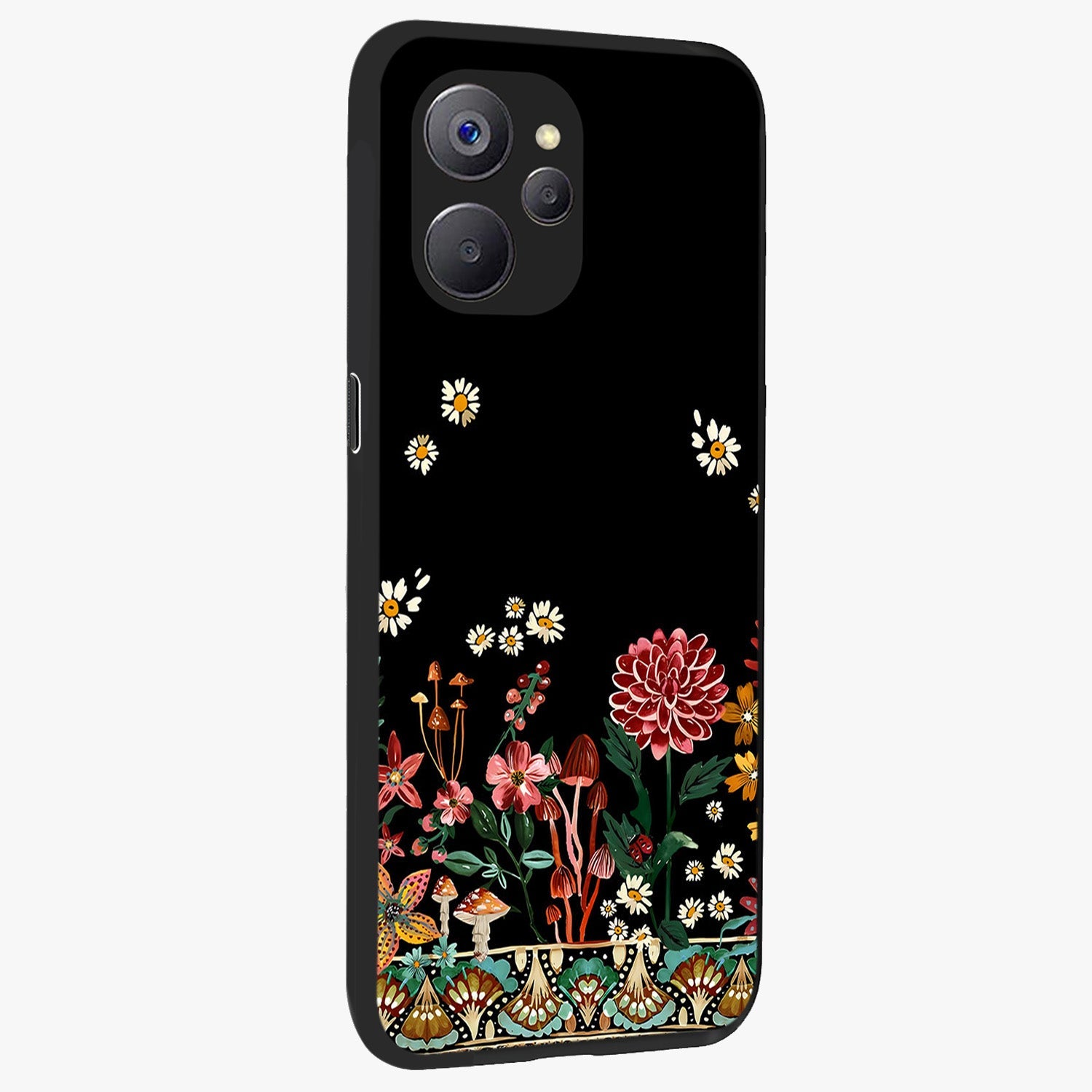 Midnight Bloom Pattern Glass Case upright view showcasing decorative floral artwork with deep night themed palette.