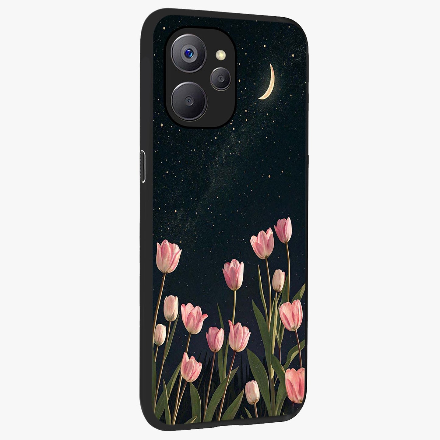 Midnight Tulip Whispers Vibe Glass Case upright view showcasing graceful tulip artwork with calm botanical theme.