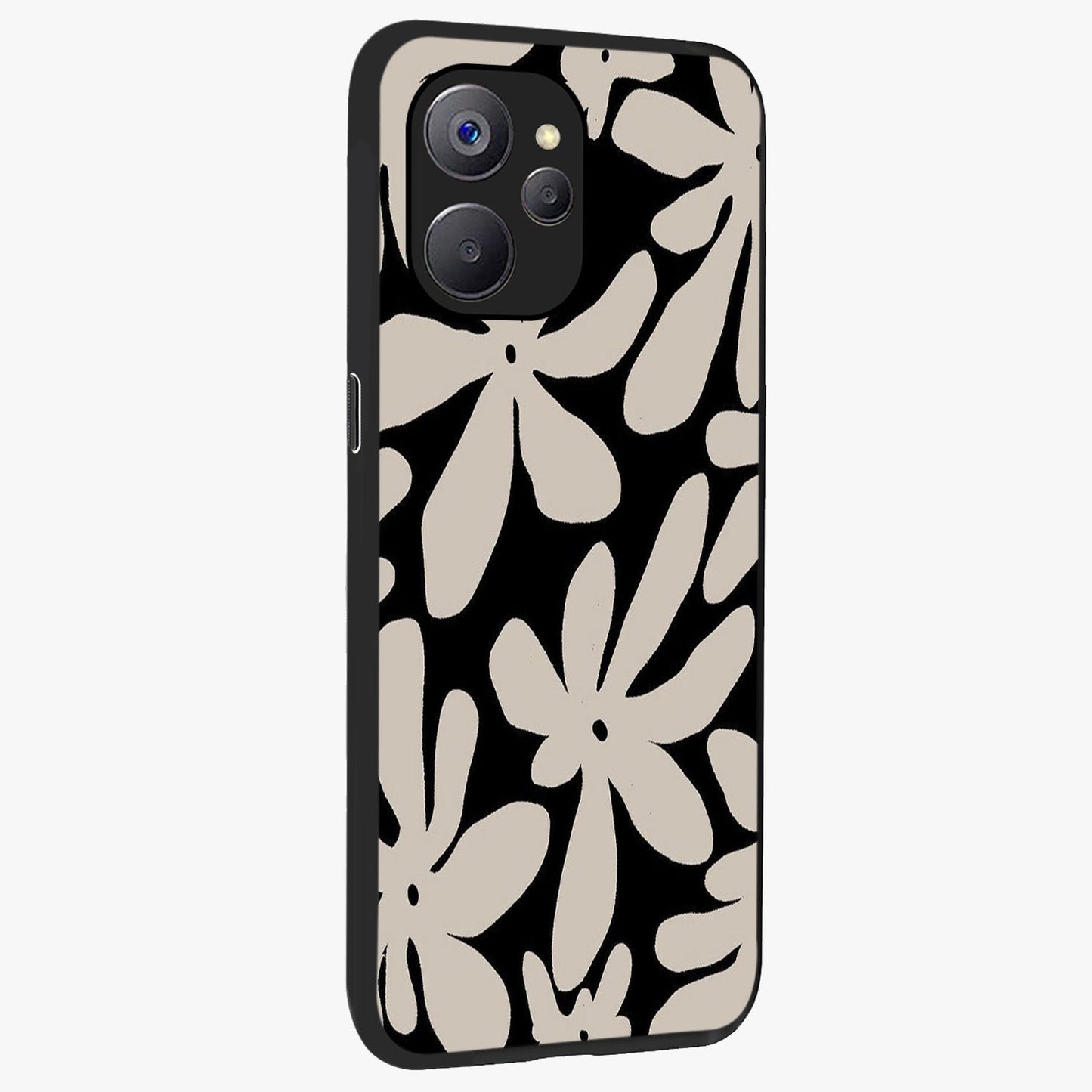 Monochrome Petal Dance Glass Case upright view showcasing artistic floral pattern with stylish monochrome theme.