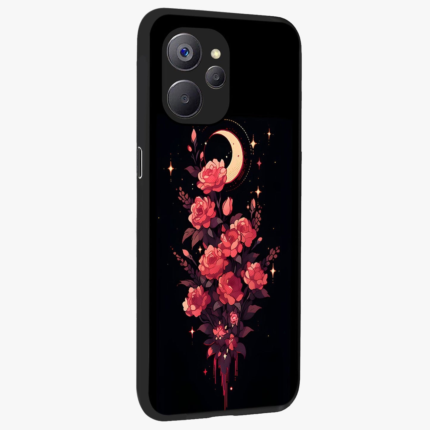 Moonlit Floral Elegance Glass Case upright view showcasing delicate floral artwork with refined night inspired theme.