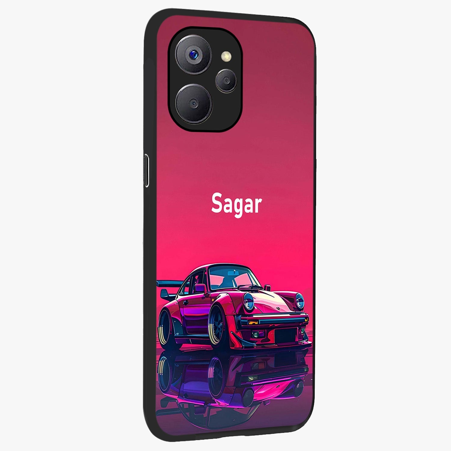 Neon Pink Porsche Glass Case upright view showcasing vibrant sports car artwork with bold automotive theme.