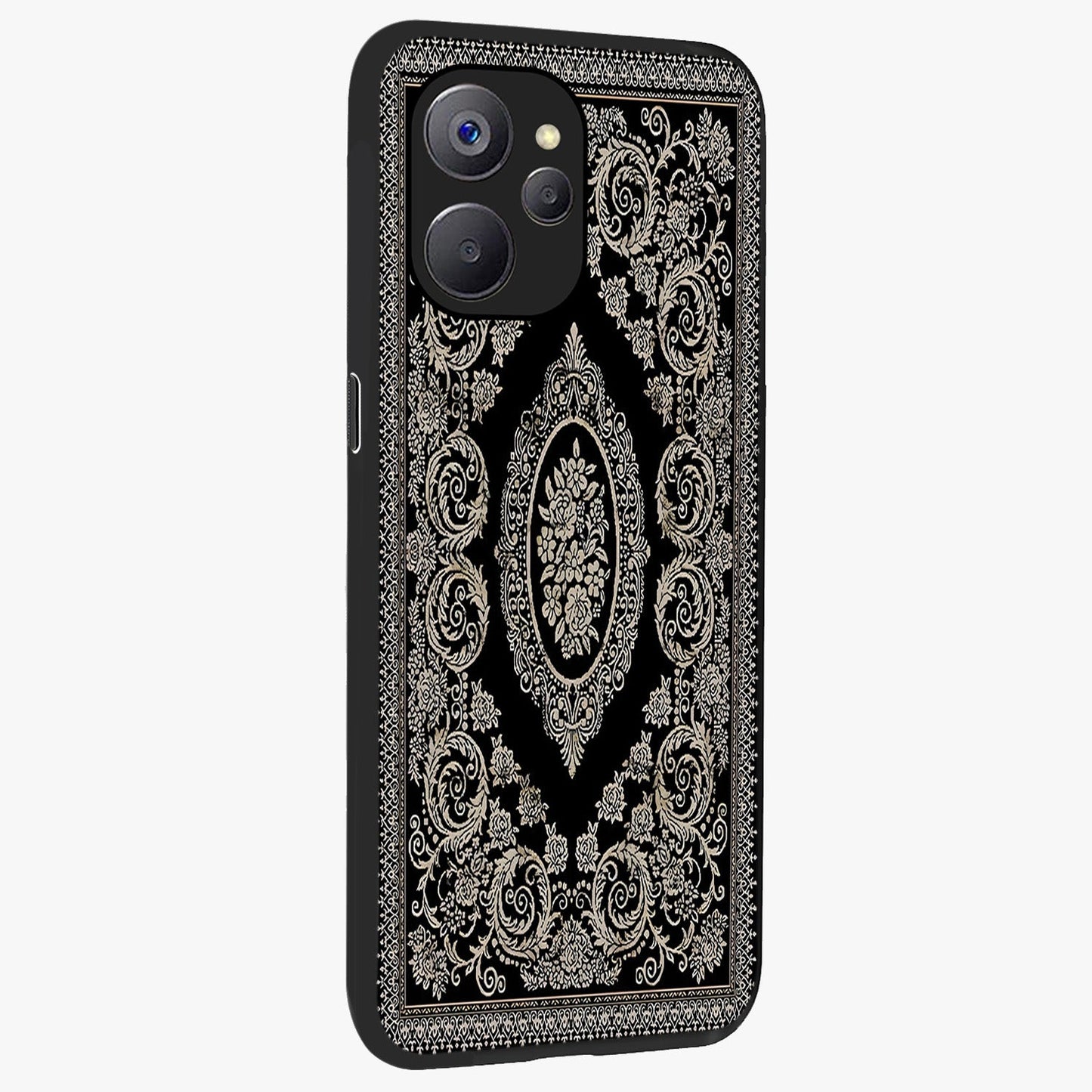 Noir Bloom Elegance Glass Case upright view showcasing graceful floral artwork with luxurious dark theme.
