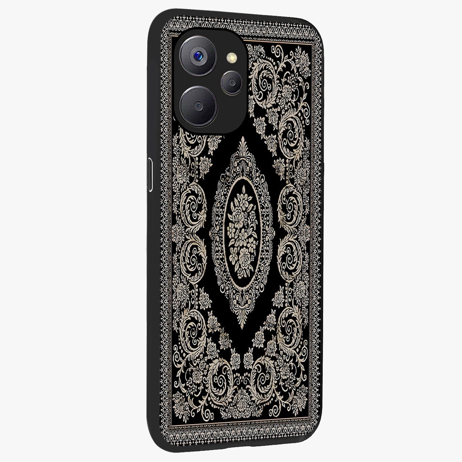 Noir Bloom Elegance Glass Case upright view showcasing graceful floral artwork with luxurious dark theme.