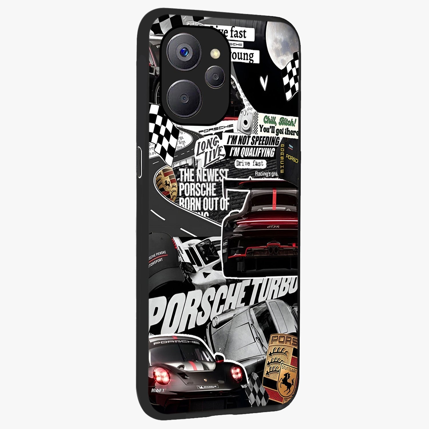 Porsche Racing Collage Glass Case upright view showcasing energetic car collage artwork with high speed racing theme.