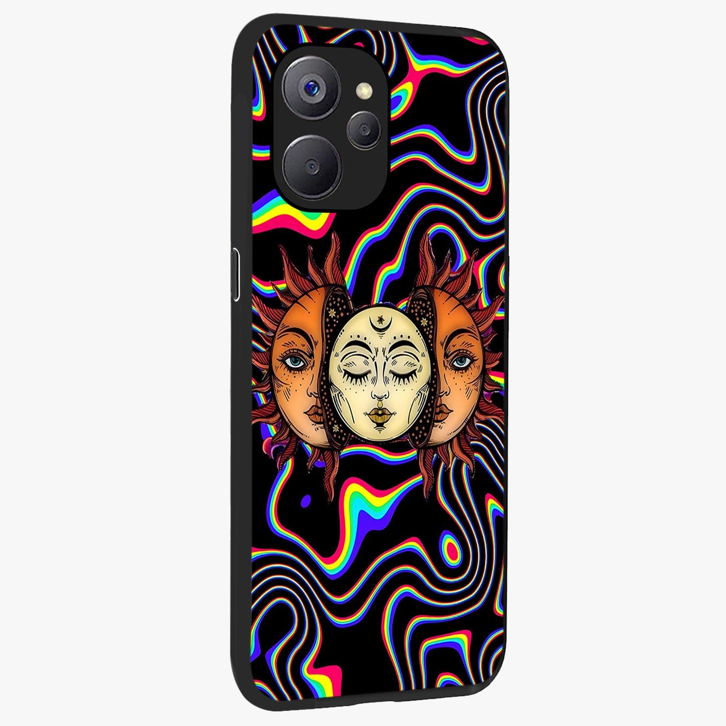 Psychedelic Sun Glass Case upright view showcasing trippy sun artwork with bold psychedelic theme.