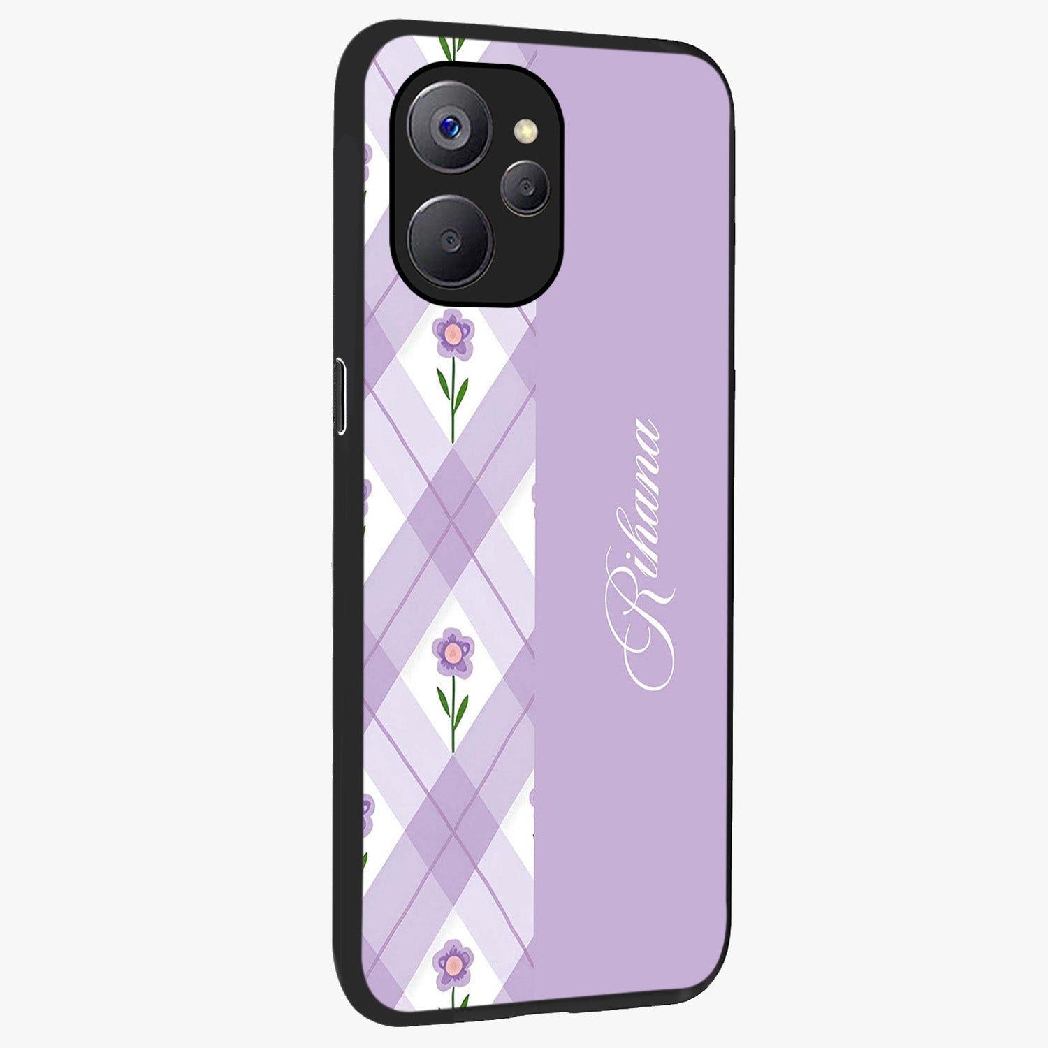 Purple Diamond Floral Glass Case upright view showcasing vibrant floral artwork with stylish geometric theme.
