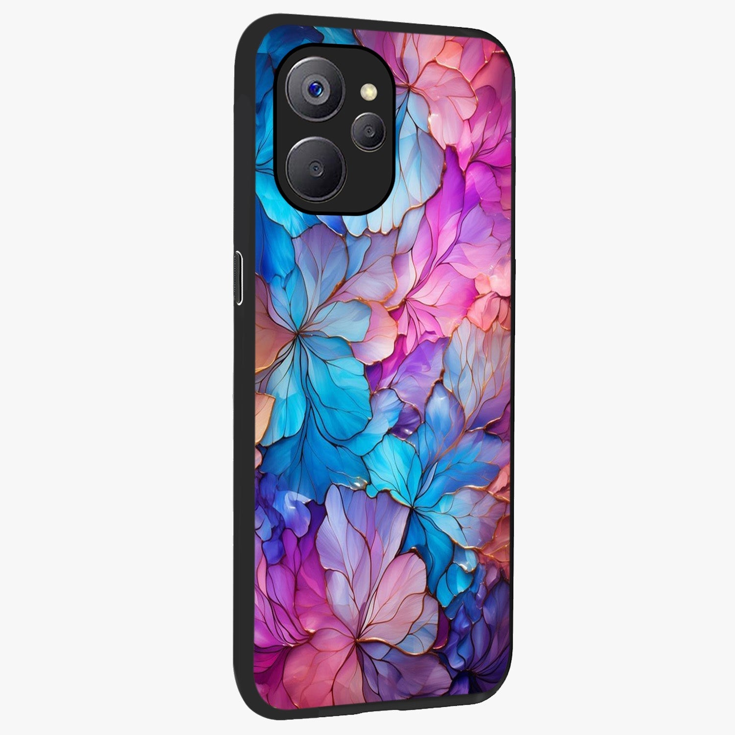 Radiant Floral Whirl Glass Case upright view showcasing lively floral artwork with decorative swirl theme.