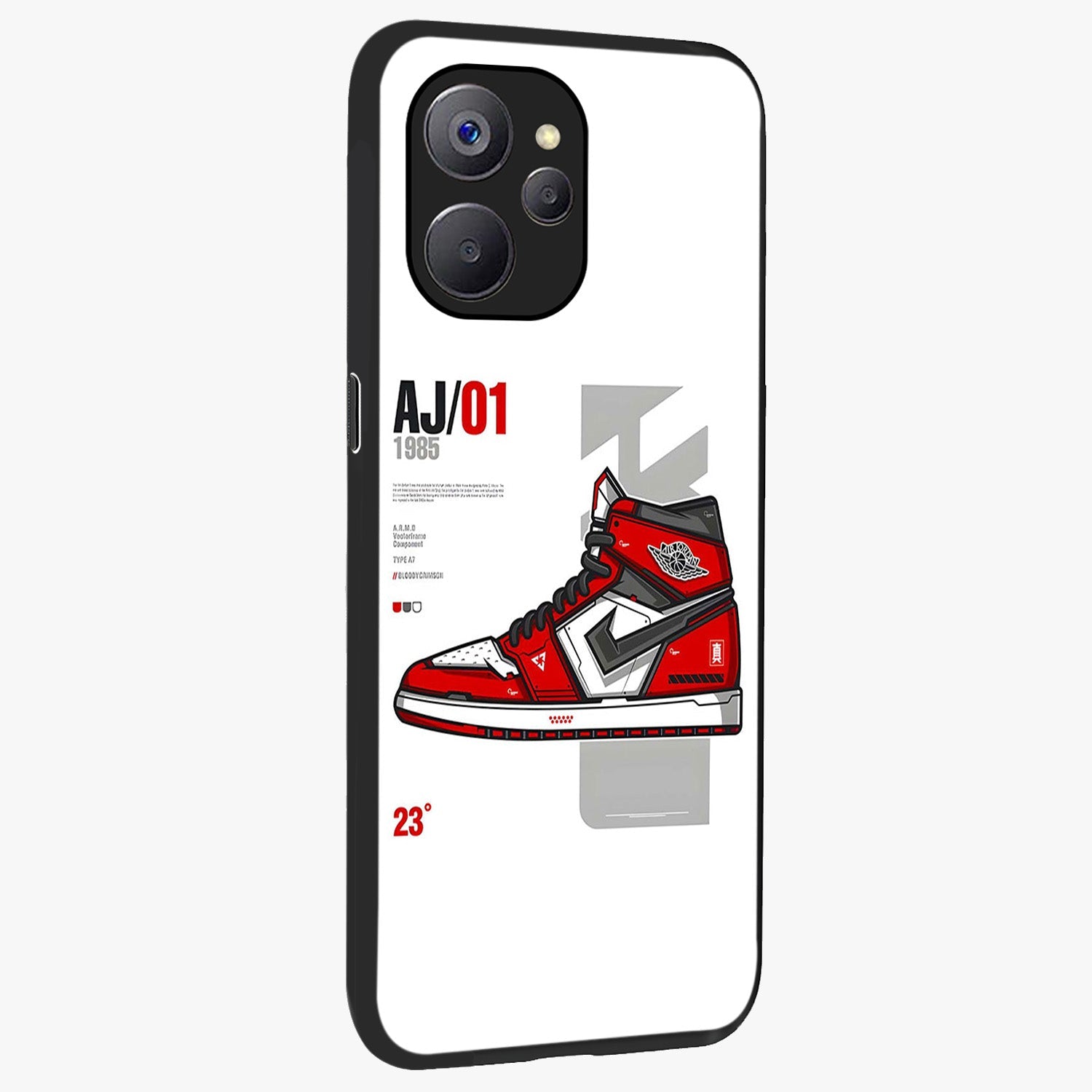 Retro Sneaker Blueprint Glass Case upright view showcasing stylish sneaker illustration with vintage streetwear theme.