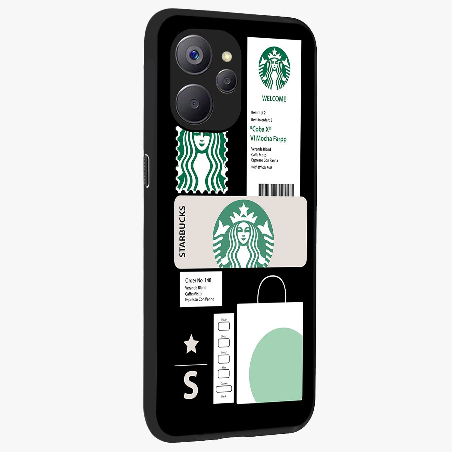 Starbucks Mocha Glass Case upright view showcasing trendy coffee inspired artwork with modern lifestyle theme.