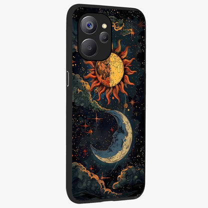 Sun And Moon Magic Design Glass Case upright view showcasing decorative sun and moon artwork with spiritual celestial theme.