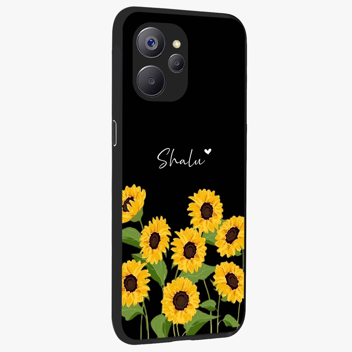 Sunflower Chic Mood Custom Name Glass Case upright view showcasing cheerful sunflower artwork with trendy floral theme.