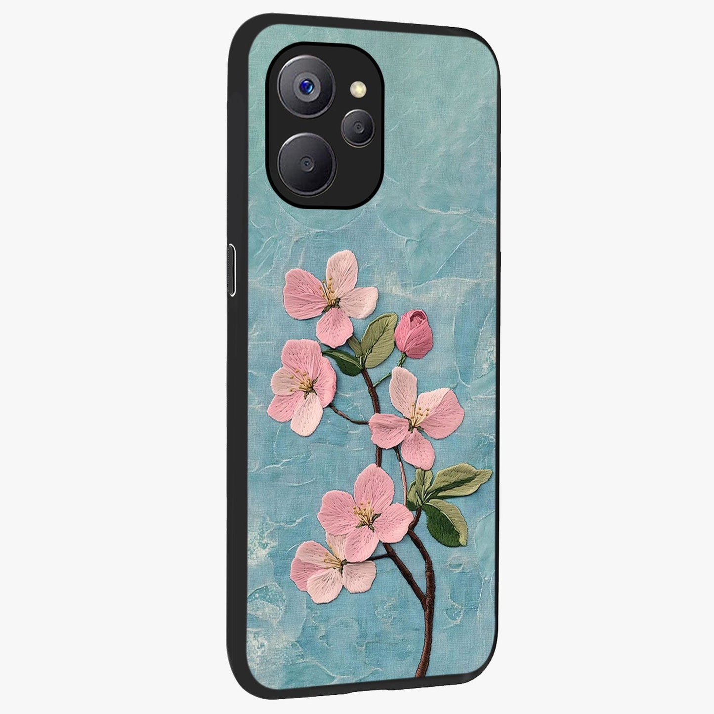 Threaded Blossom Breeze Glass Case upright view showcasing graceful flower artwork with calm botanical theme.