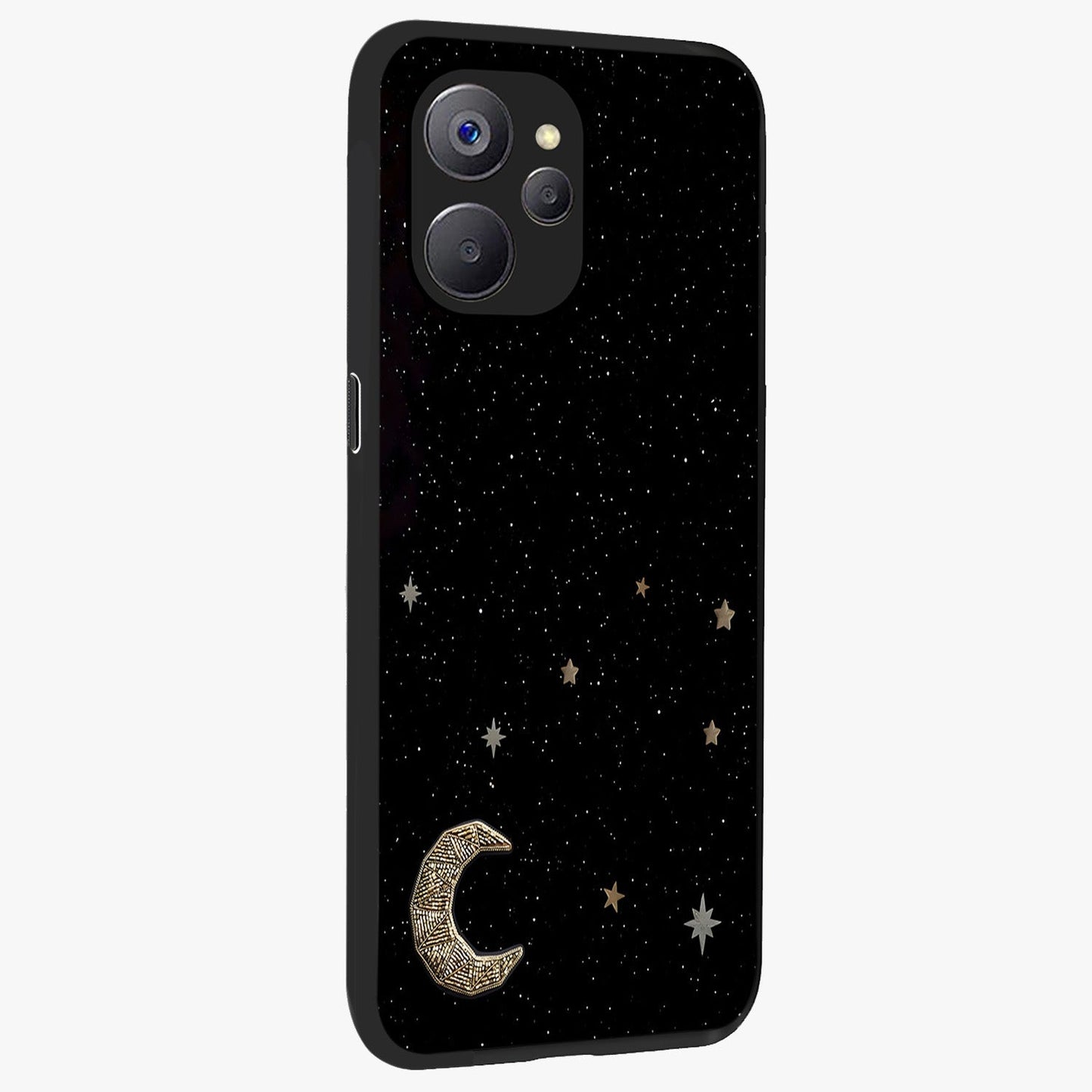 Twinkle Star With Half Moon Glass Case upright view showcasing glowing cosmic artwork with dreamy night theme.