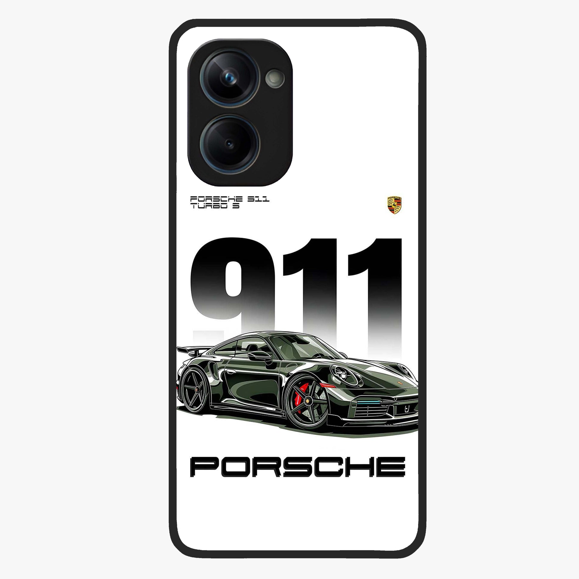 911 Turbo Dominance Glass Case showing clean flat back view with bold 911 sports car artwork and glossy glass finish.