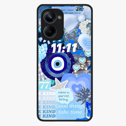 Aesthetic Be Kind Eye Glass Case showing flat back view with motivational eye artwork and glossy glass finish.