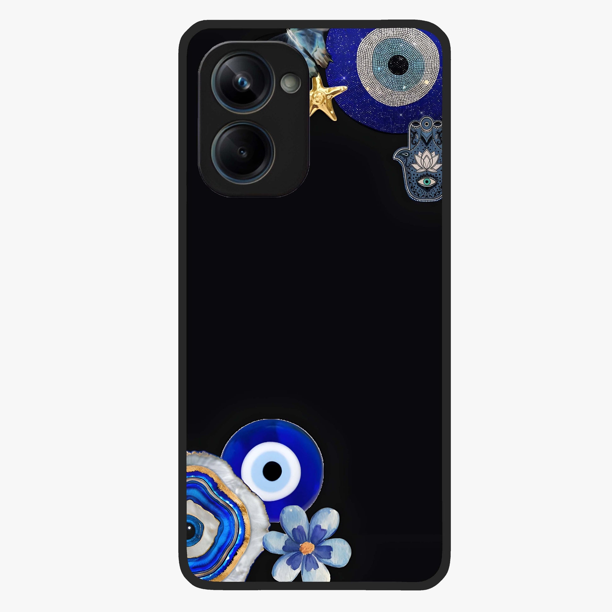 Aesthetic Blue Evil Eye Glass Case showing flat back view with protective evil eye artwork and glossy glass finish.