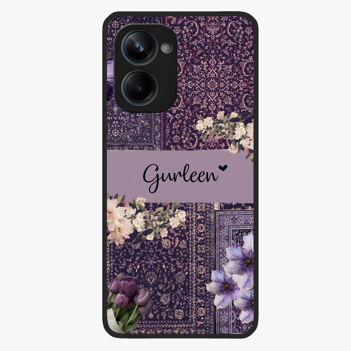 Antique Floral Whisper Custom Name Glass Case showing flat back view with vintage floral artwork and personalized name design.
