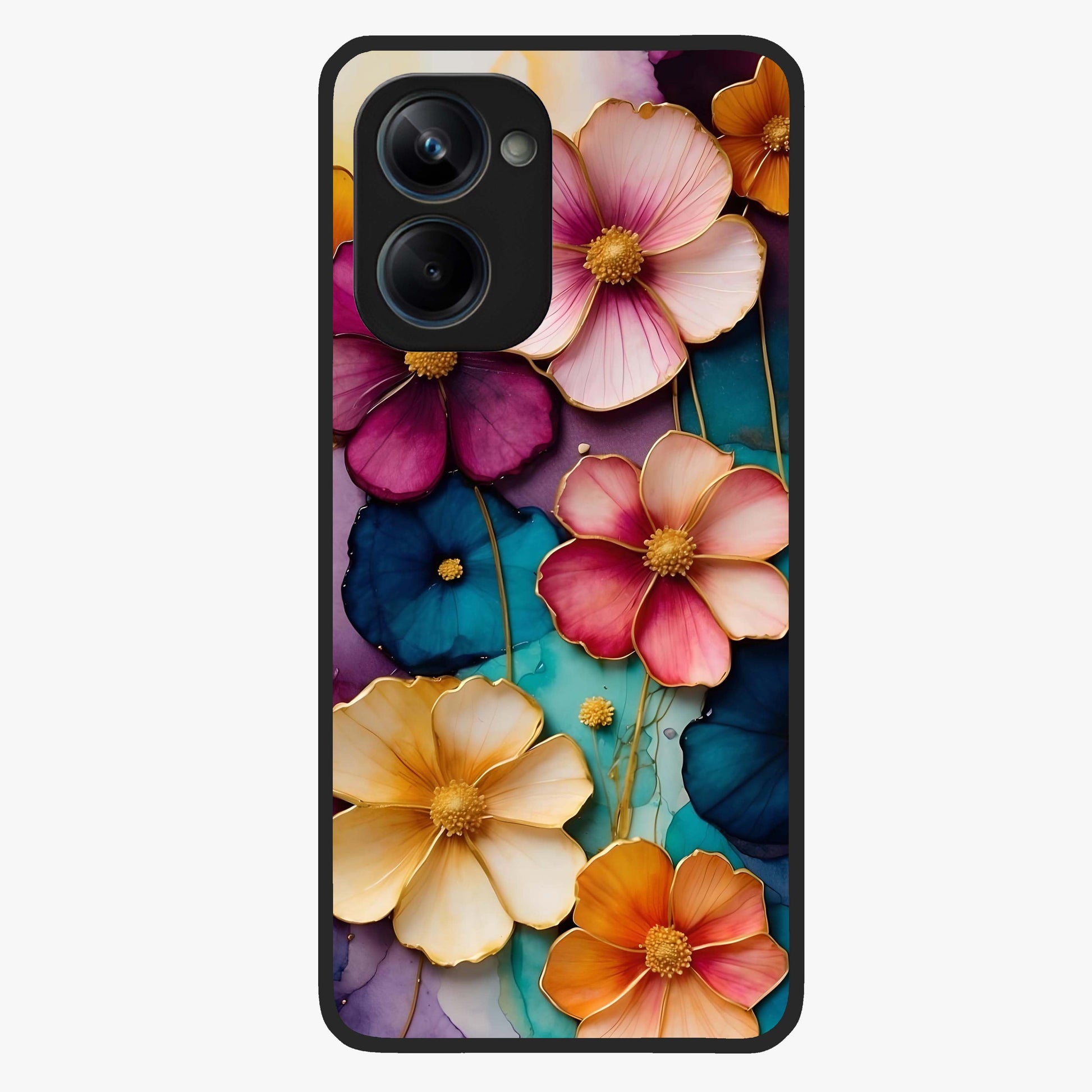 Artlyn Grace Flower Pattern Glass Case showing flat back view with elegant floral pattern artwork and glossy glass finish.