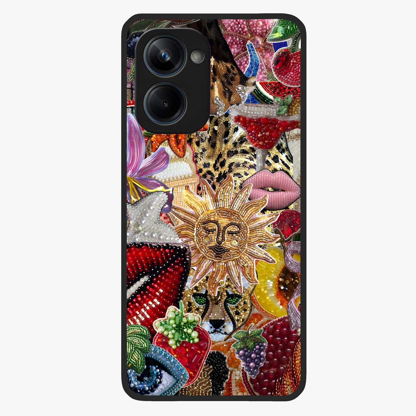 Beaded Fashion Jungle Glass Case showing flat back view with vibrant jungle inspired bead artwork and glossy glass finish.