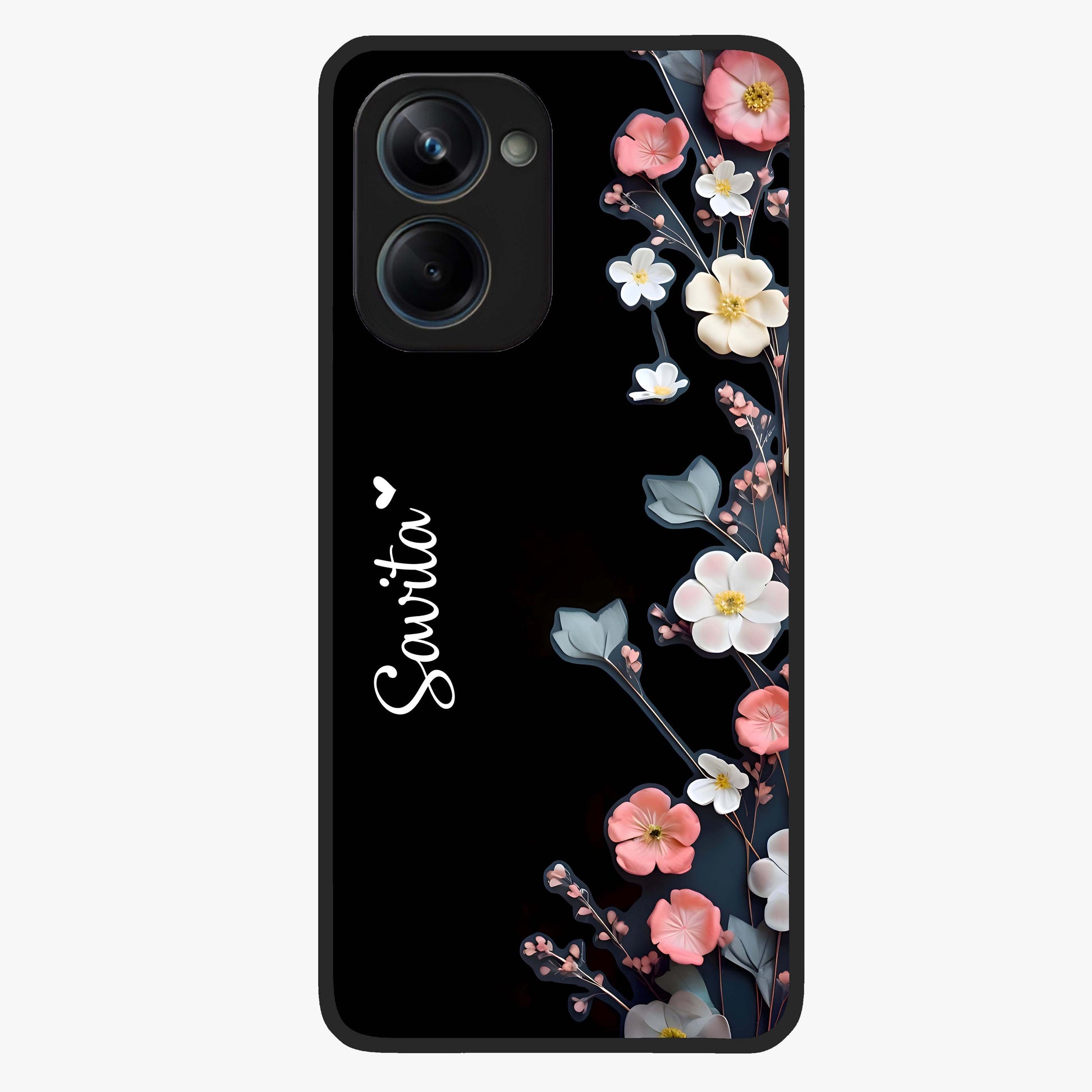 Black Elegance Floral Custom Name Glass Case showing flat back view with elegant floral artwork and personalized name design.