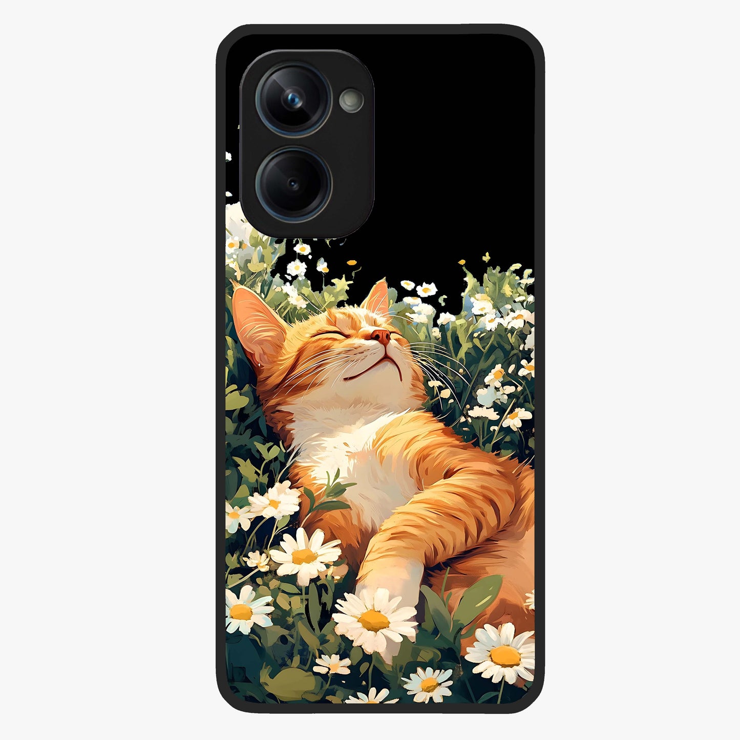 Blissful Bloom Cat Glass Case showing flat back view with cute cat and floral bloom artwork and glossy glass finish.