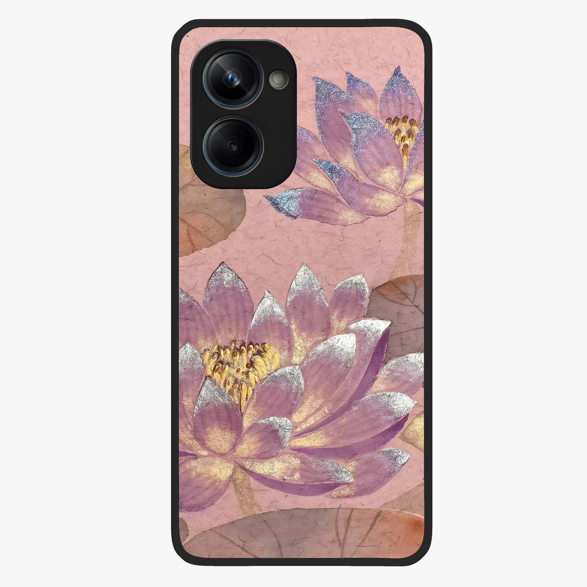 Blossom Mist Lotus Glass Case showing flat back view with serene lotus blossom artwork and glossy glass finish.