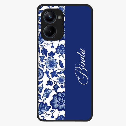 Blue Vintage Floral Pattern Glass Case upright view showcasing timeless floral illustration with vintage inspired style.
