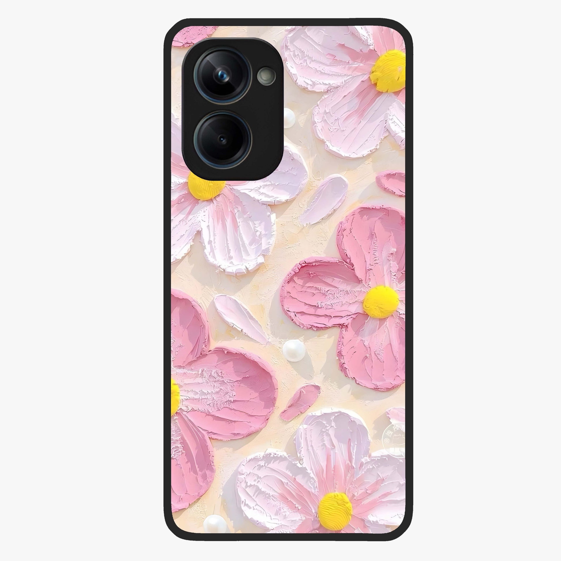 Blush Bloom Texture Glass Case showing flat back view with soft blush floral texture artwork and glossy glass finish.