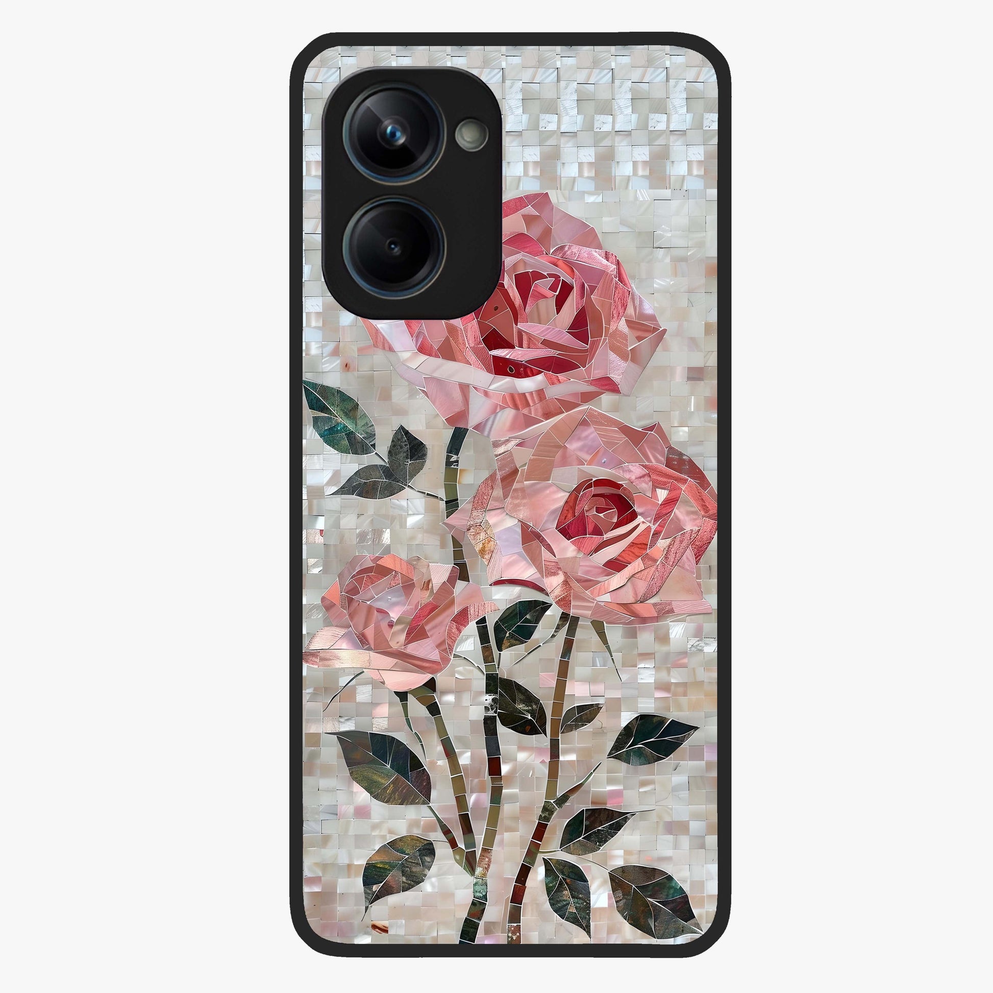 Blush Mosaic Bloom Glass Case showing flat back view with mosaic floral bloom artwork and glossy glass finish.