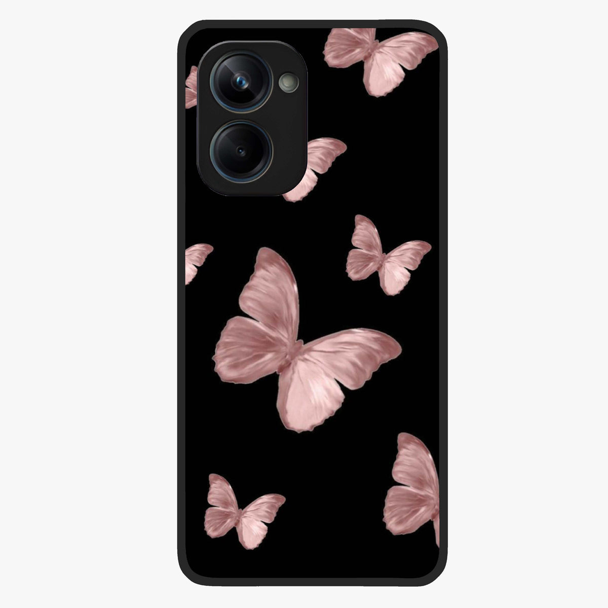 Butterfly Pattern Glass Case showing flat back view with elegant butterfly pattern artwork and glossy glass finish.