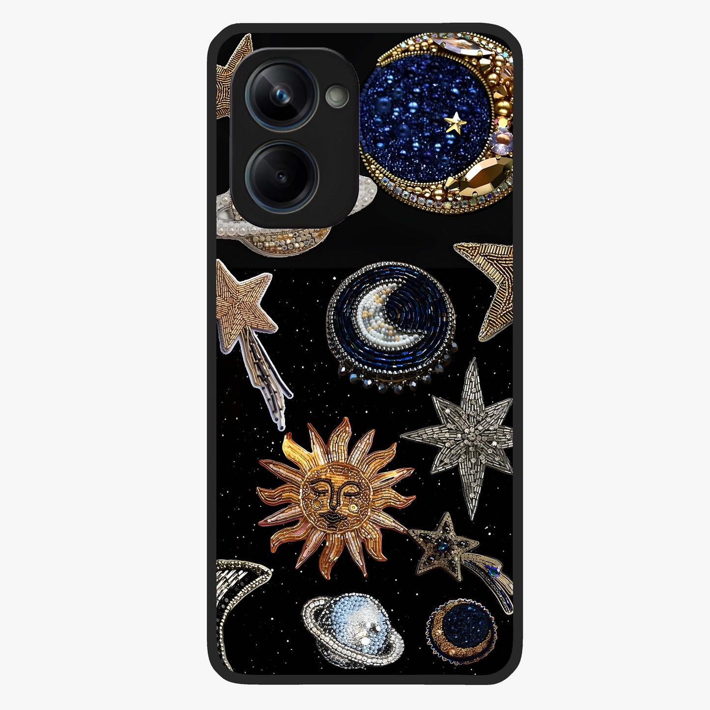 Celestial Gem Constellations Glass Case showing flat back view with sparkling constellation artwork and glossy glass finish.