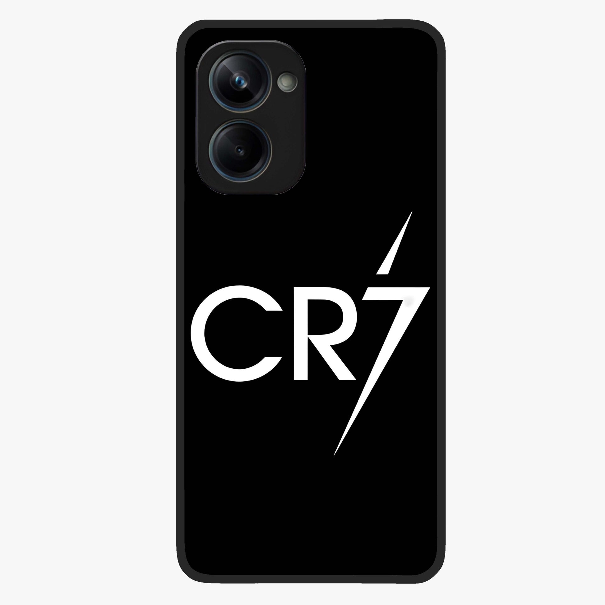 Cr7 Elite Strike Glass Case showing flat back view with dynamic football inspired artwork and glossy glass finish.