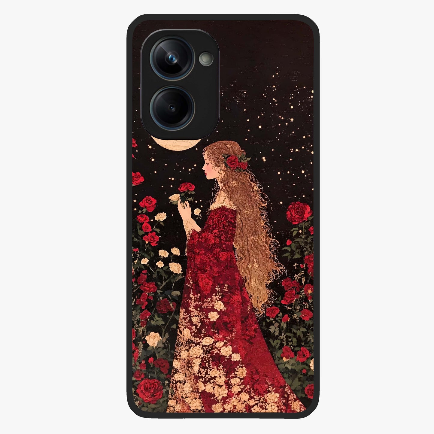 Crimson Dreams Glass Case showing flat back view with dreamy crimson artwork and glossy glass finish.