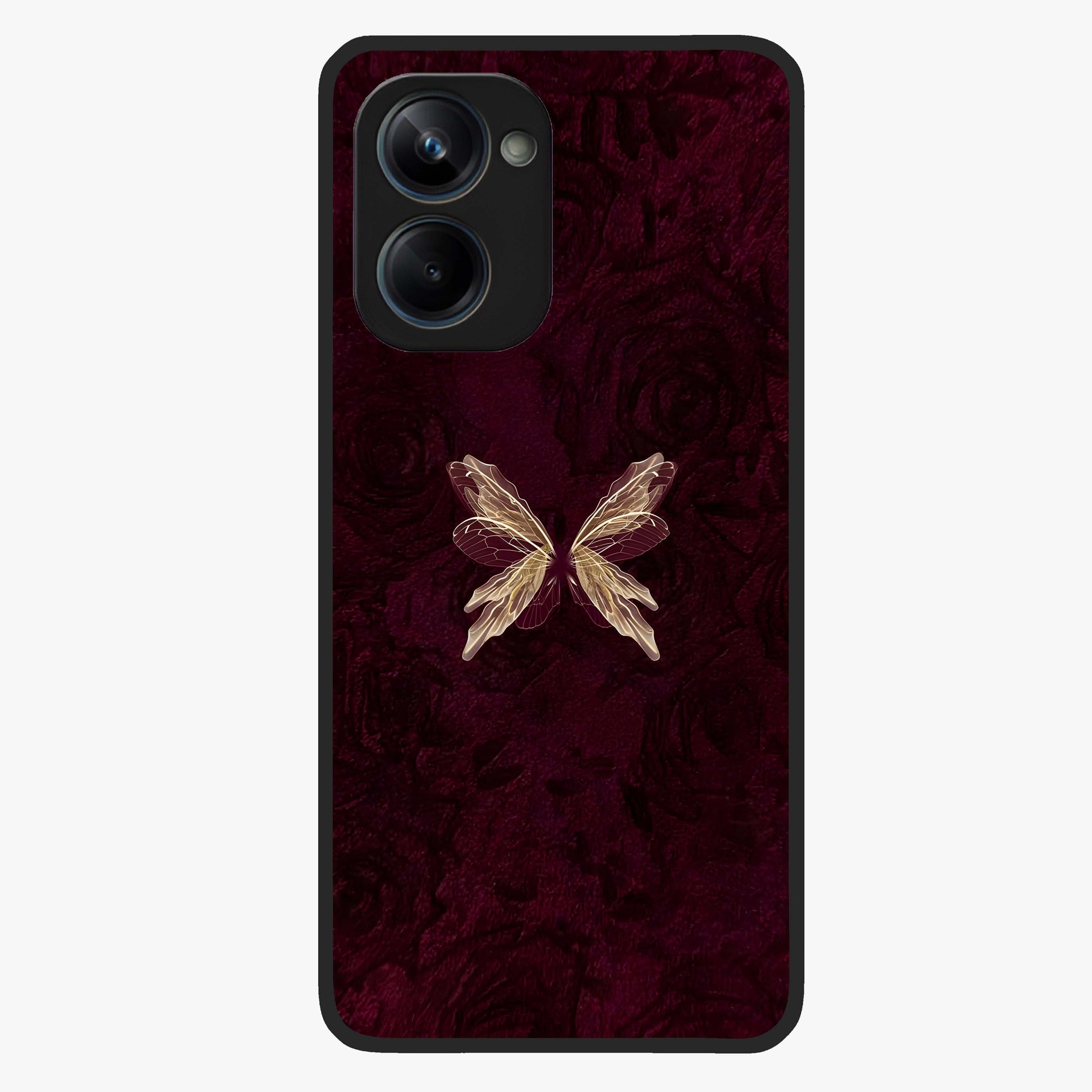 Crimson Fade Butterfly Glass Case showing flat back view with fading butterfly artwork and glossy glass finish.