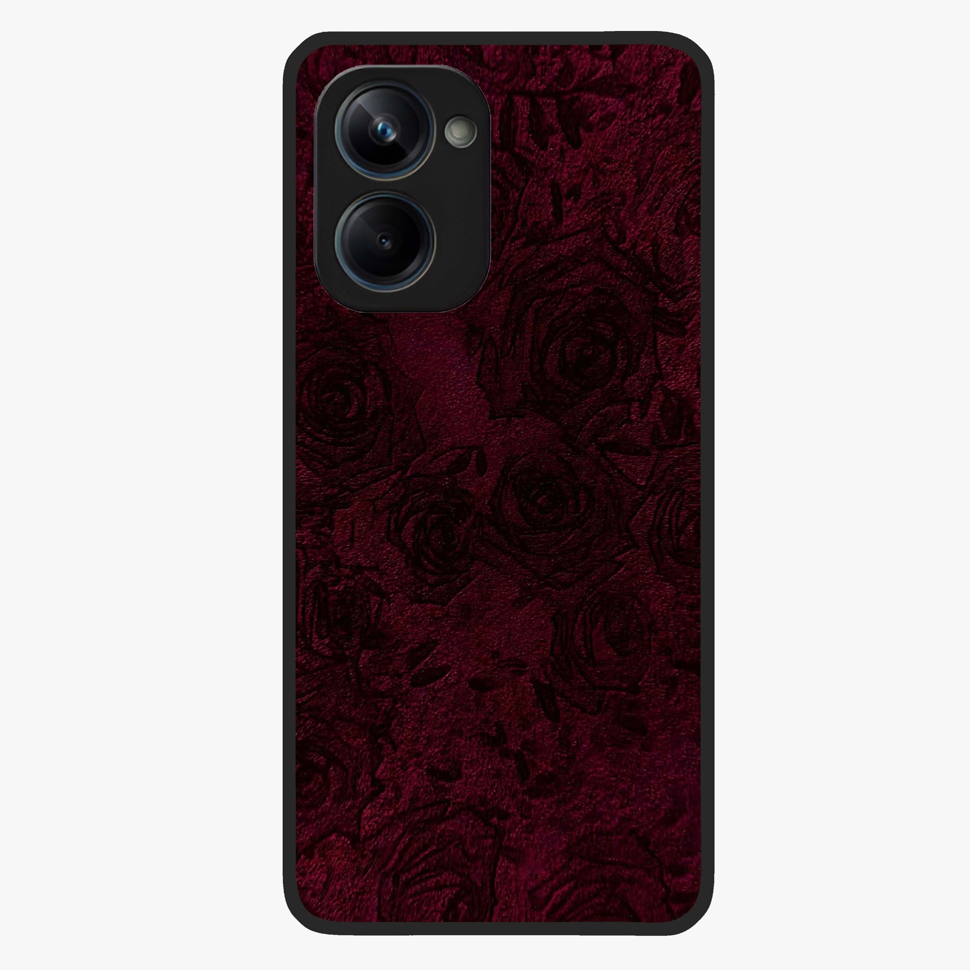 Crimson Fade Flow Glass Case showing flat back view with flowing crimson gradient artwork and glossy glass finish.