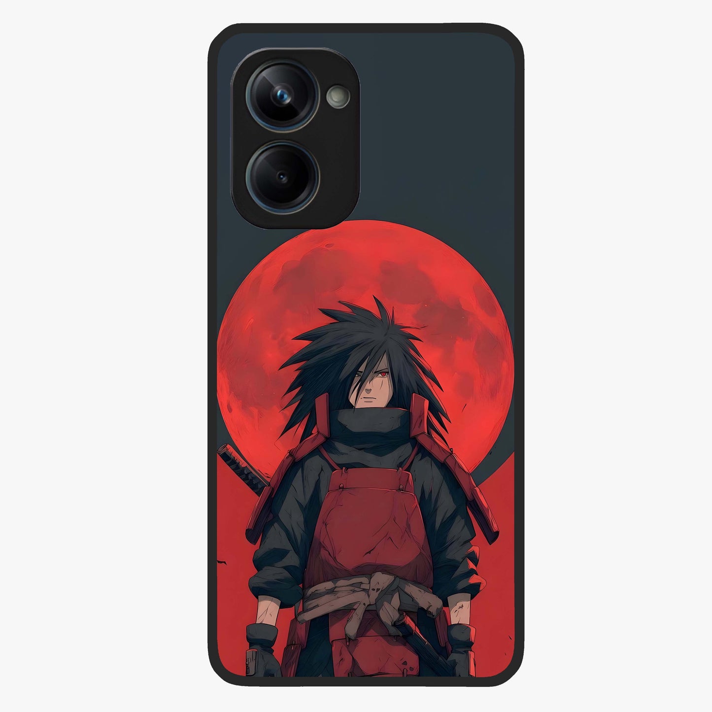 Crimson Moon Warlord Glass Case showing flat back view with mystical moon warrior artwork and glossy glass finish.