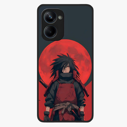 Crimson Moon Warlord Glass Case showing flat back view with mystical moon warrior artwork and glossy glass finish.