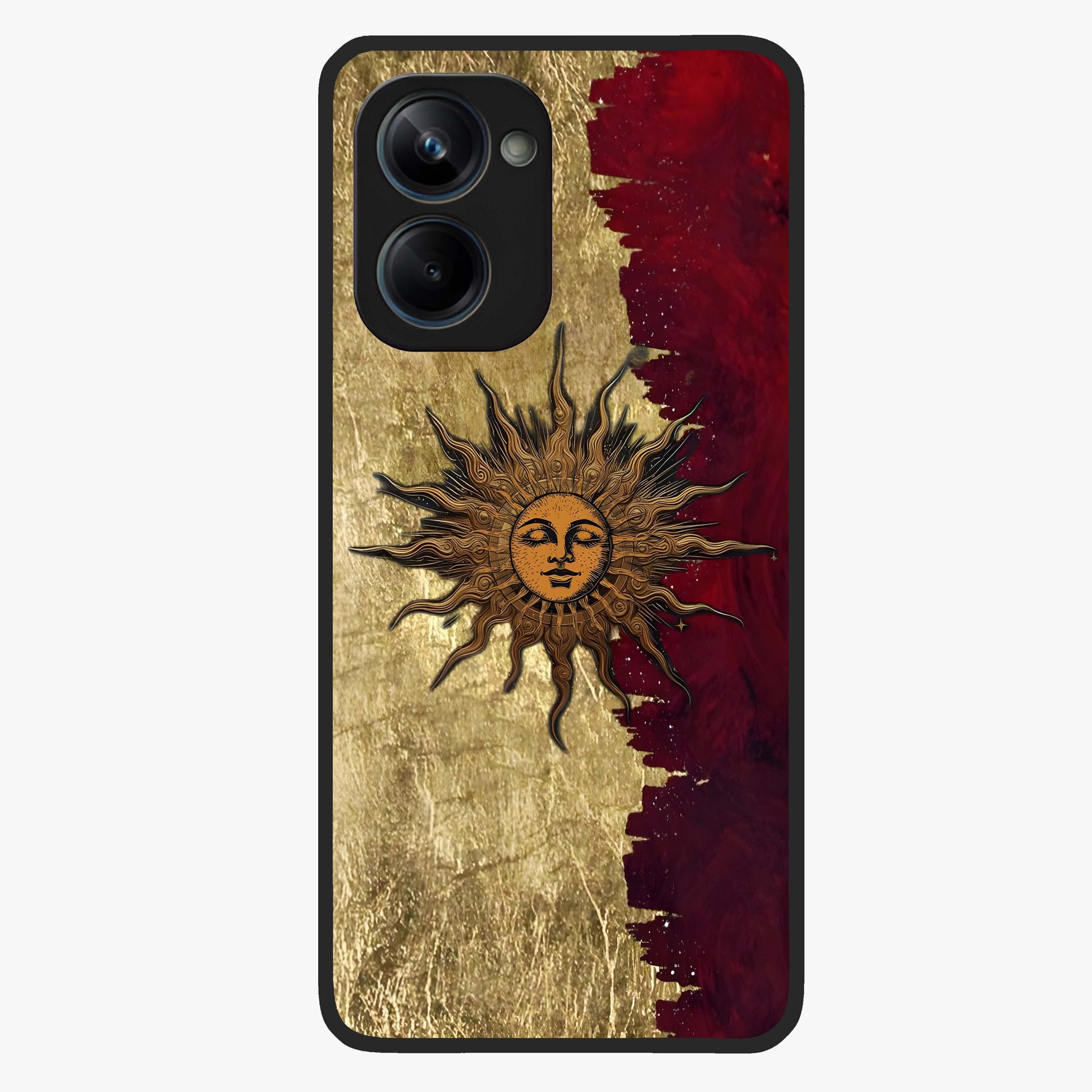 Crimson Sun Majesty Glass Case showing flat back view with radiant sun inspired artwork and glossy glass finish.